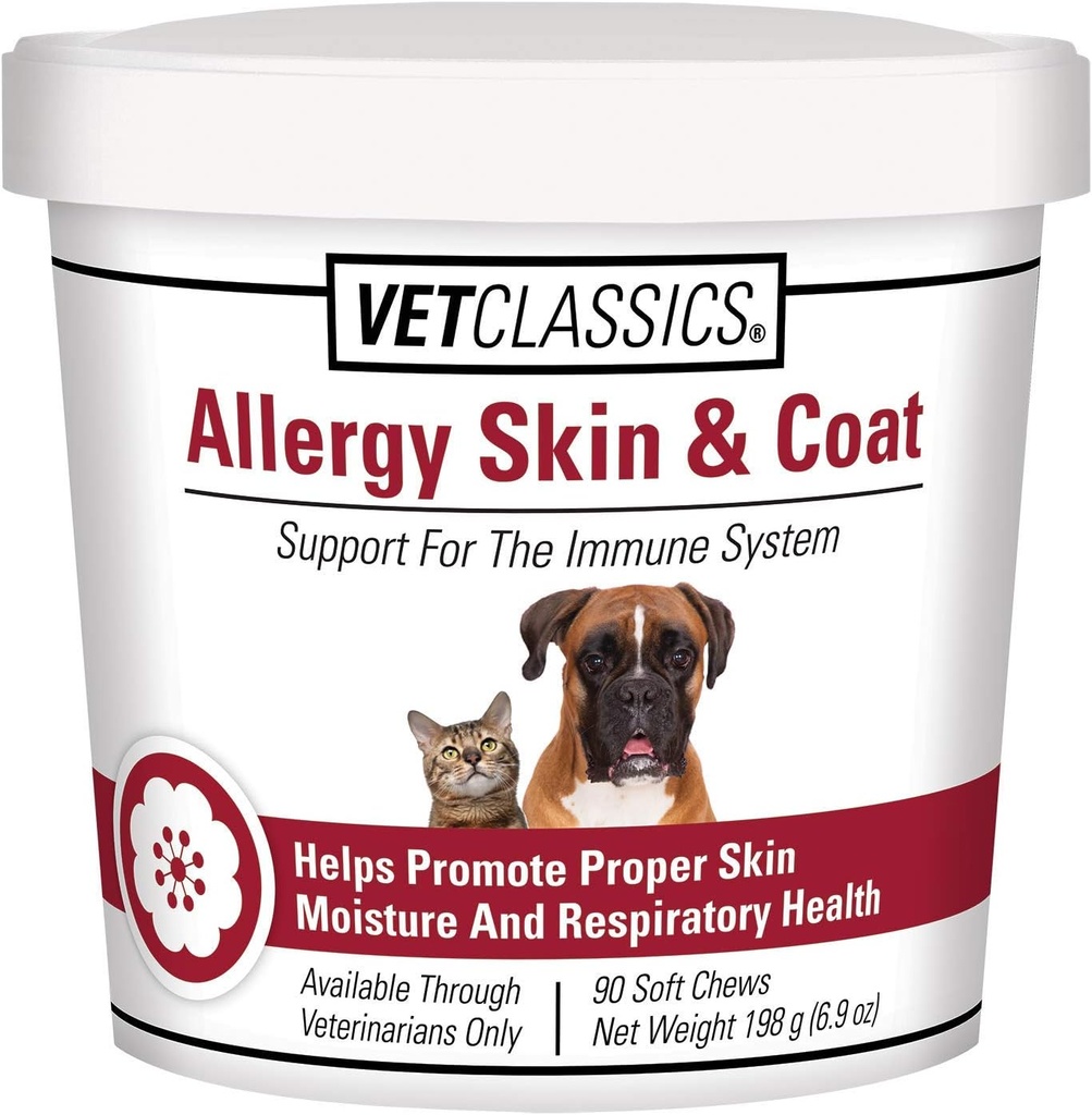 Vet Classics Allergy Skin & Coat Support Supplément animal pour chiens et chats – Supplément santé animal pour l'humidité de la peau chat, allergies pour chiens, santé respiratoire animal– Comprend les antioxydants – Chews doux 90 Ct.
