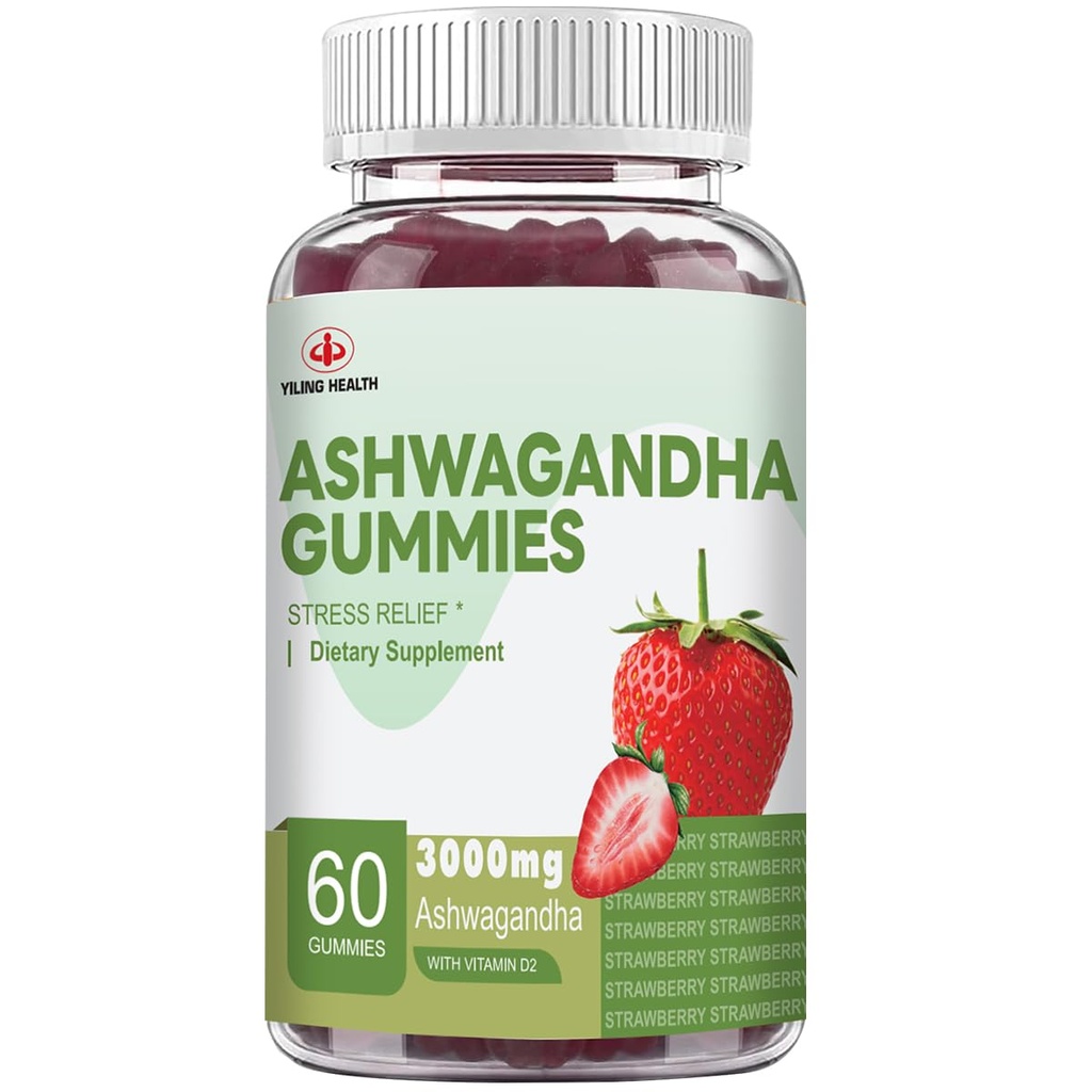 YiLing Ashwagandha Gummies pour les femmes et les hommes, 3000 Mg d'extrait de racine haute puissance Ashwagandha stimule l'énergie, améliore le sommeil, soulage le stress et calme l'humeur, 60 comte fraise Flavor Ashwagandha