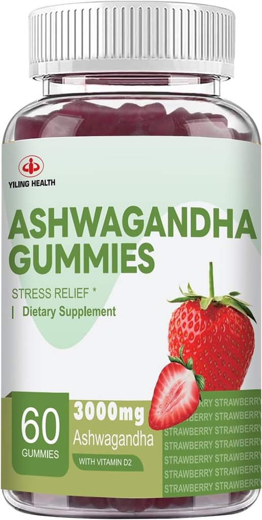 YiLing Ashwagandha Gummies pour les femmes et les hommes, 3000 Mg d'extrait de racine haute puissance Ashwagandha stimule l'énergie, améliore le sommeil, soulage le stress et calme l'humeur, 60 comte fraise Flavor Ashwagandha