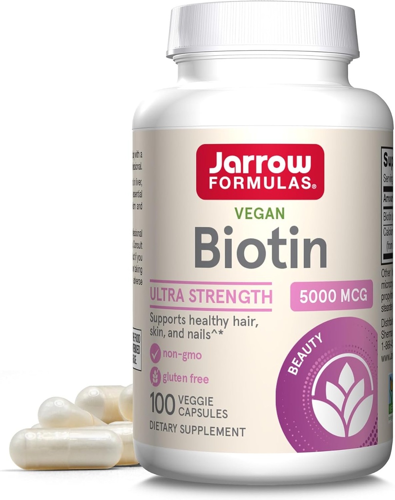 Jarrow Formulas® Biotin Ultra Strength 5000 mcg, Dietary Supplement, Hair, Skin, and Nails Support, 100 Veggie Capsules, Up to 100 Day Supply