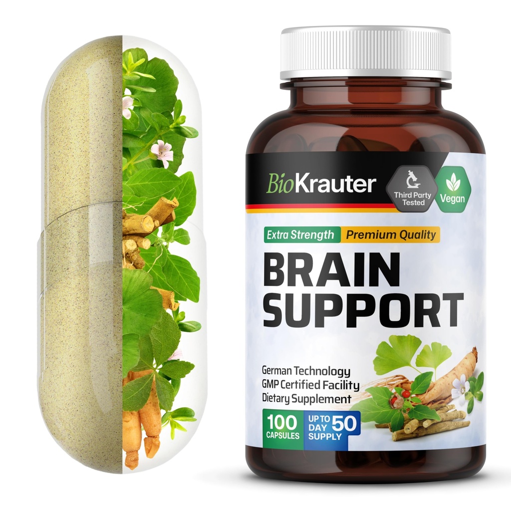 Supplément de soutien du cerveau BIO KRAUTTER - 100 Compte - 1300 mg Mélange d'Ashwagandha, de Panax Ginseng et de Ginkgo Biloba - Vegan, No Fillers