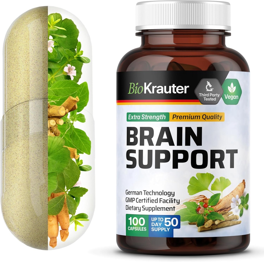 Supplément de soutien du cerveau BIO KRAUTTER - 100 Compte - 1300 mg Mélange d'Ashwagandha, de Panax Ginseng et de Ginkgo Biloba - Vegan, No Fillers