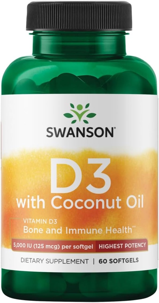 Swanson High Potency Vitamin D-3 w/Coconut - Natural Supplement Promoting Bone Health & Immune System Support - May Help Increase Calcium Absorption - (60 Softgels, 125mcg Each)