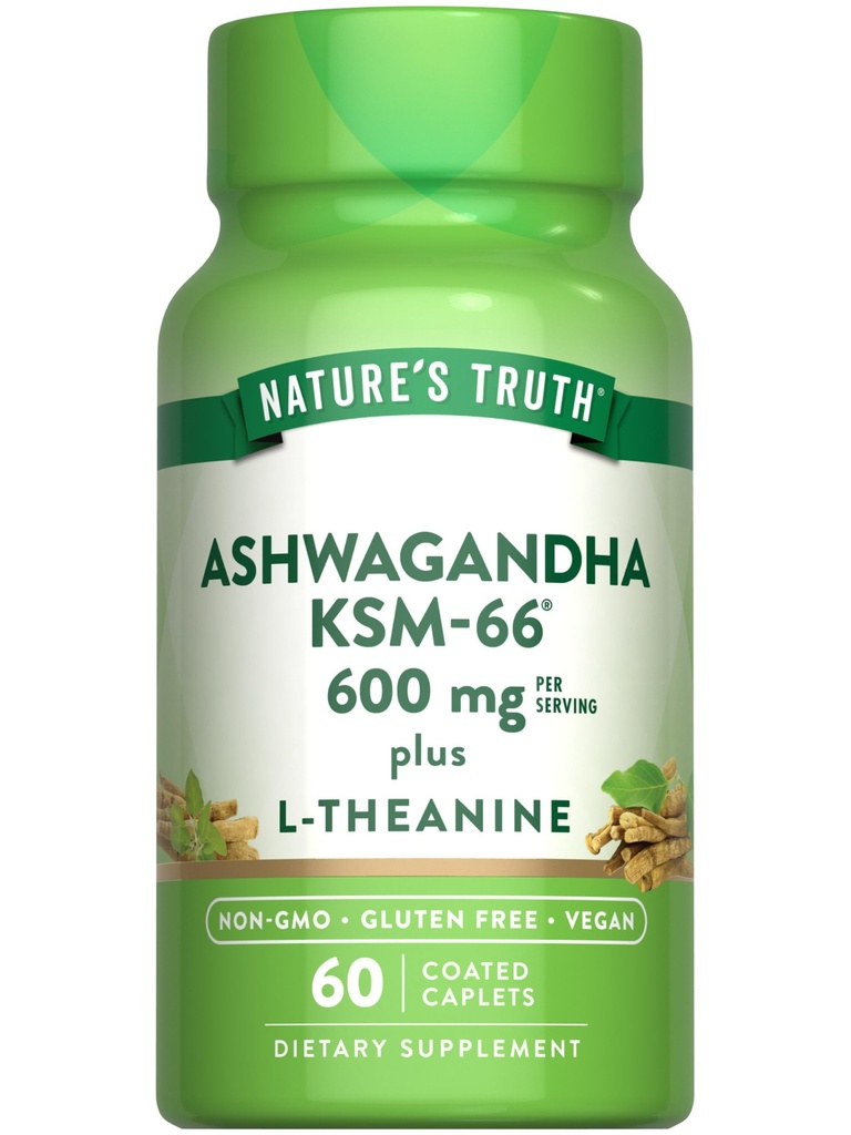 La vérité de la nature KSM-66 Ashwagandha , 60 Caplets , avec L-Theanine , Vegan , non-OGM , et supplément sans gluten