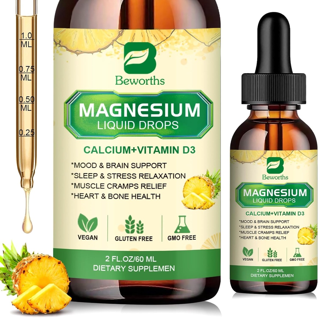 Complexe glycineux de magnésium, goutte liquide de magnésium avec citrate de magnésium, calcium, potassium, vitamine D3, zinc - supplément Taurate de magnésium pour os, énergie, soutien musculaire