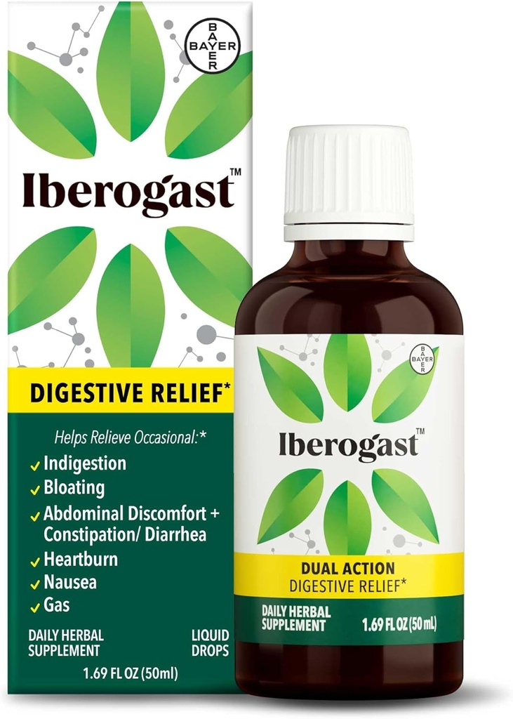 Iberogast Liquid Drops, Herbal Relief of Stomach Upsets: Indigestion occasionnelle, Bloating, Gaz, Nausées, Estomac relevé; Sans gluten; Mélange de 6-herbes avec Iberis Amara, Peppermint, réglisse; 50mL