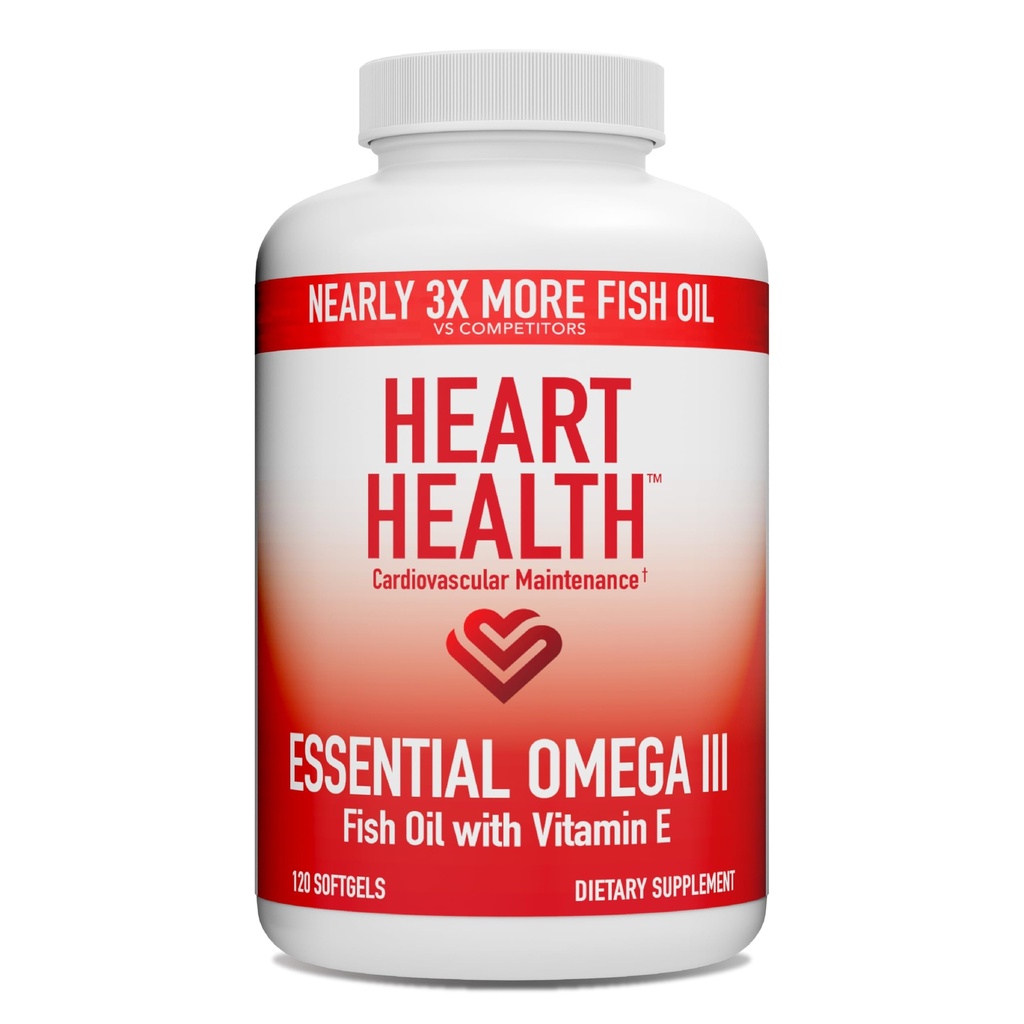 Hygiène du coeur Huile de poisson essentielle Omega 3 avec vitamine E - Supplément d'huile de poisson Omega 3 avec EPA et DHA - Softgels sans Burpless de Sardines et Anchovies - Non-OGM, sans gluten - 60 portions