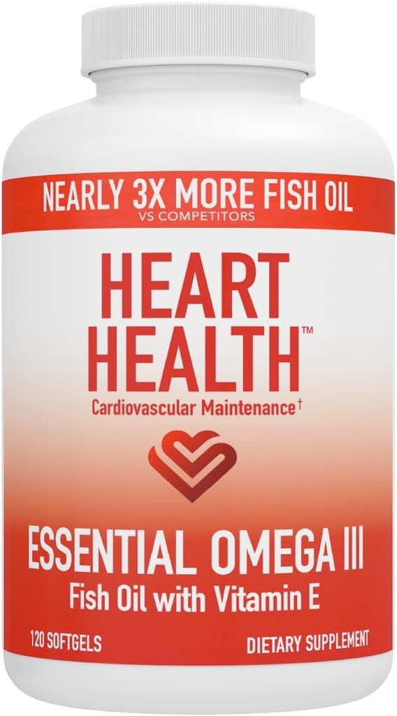 Hygiène du coeur Huile de poisson essentielle Omega 3 avec vitamine E - Supplément d'huile de poisson Omega 3 avec EPA et DHA - Softgels sans Burpless de Sardines et Anchovies - Non-OGM, sans gluten - 60 portions