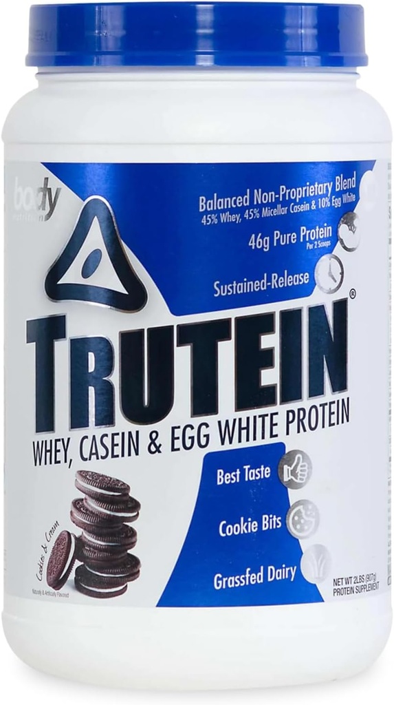 Alimentation du corps Trutein poudre à haute teneur en protéines: 45% Whey, 45% caséine, 10% mélange blanc de protéines d'oeuf, faible teneur en sodium, faible teneur en protéines de glucides poudre pour les hommes et les femmes, cookies et crème, 2lb