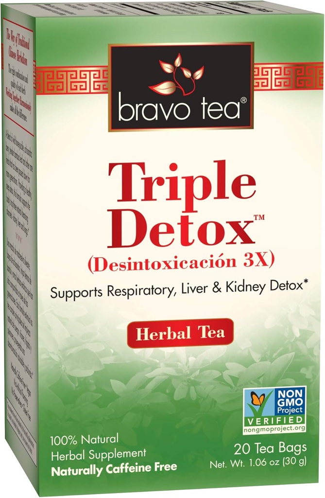 Thé Bravo Triple Detox Thé à base de plantes sans caféine, 20 sachets de thé