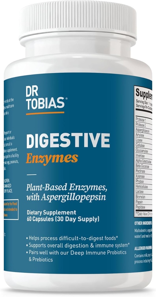 Dr Tobias Enzymes digestifs avec Amylase, Bromelain, Lipase, Lactase, Protease, Papaine et plus, Supplément de digestion avec 18 Enzymes pour la digestion et la santé Gut, 60 Capsules, 30 Serviettes