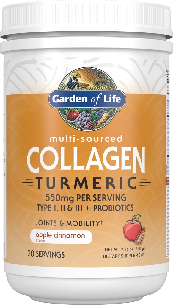 Jardin de la vie Peptides de collagène multi-sources + poudre de curcuma - Cinnamon de pomme, 20 portions, pour les femmes Hommes articulations Mobilité, supplément de collagène en poudre de protéines hydrolysées