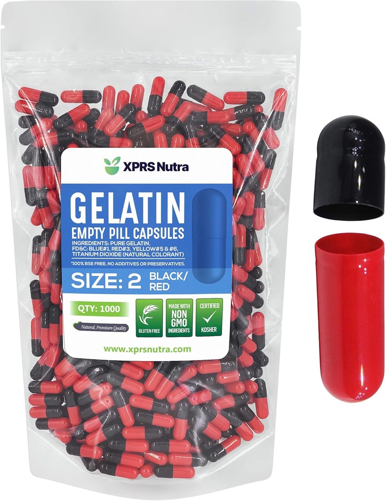 XPRS Nutra Taille 2 Capsules vides - 1000 Compte Capsules de gélatine vides - Pills Bricolage Capsule Remplissage - Pure Pilule à Pilule pour Do-It-Youlf Suppléments (Noir/Rouge)