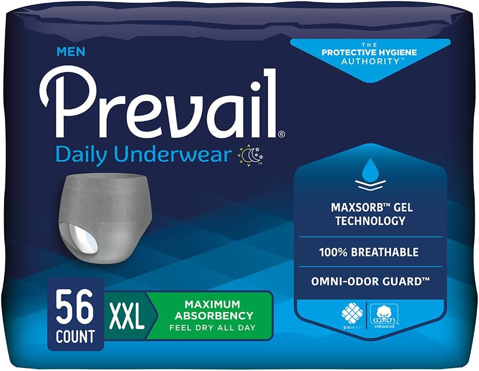 Prevail - Men's Protective Underwear - Pull-up Incontinence Underwear - Disposable Adult Diaper - Maximum Absorbency - 2X Large - 56 Count (4 packs of 14)
