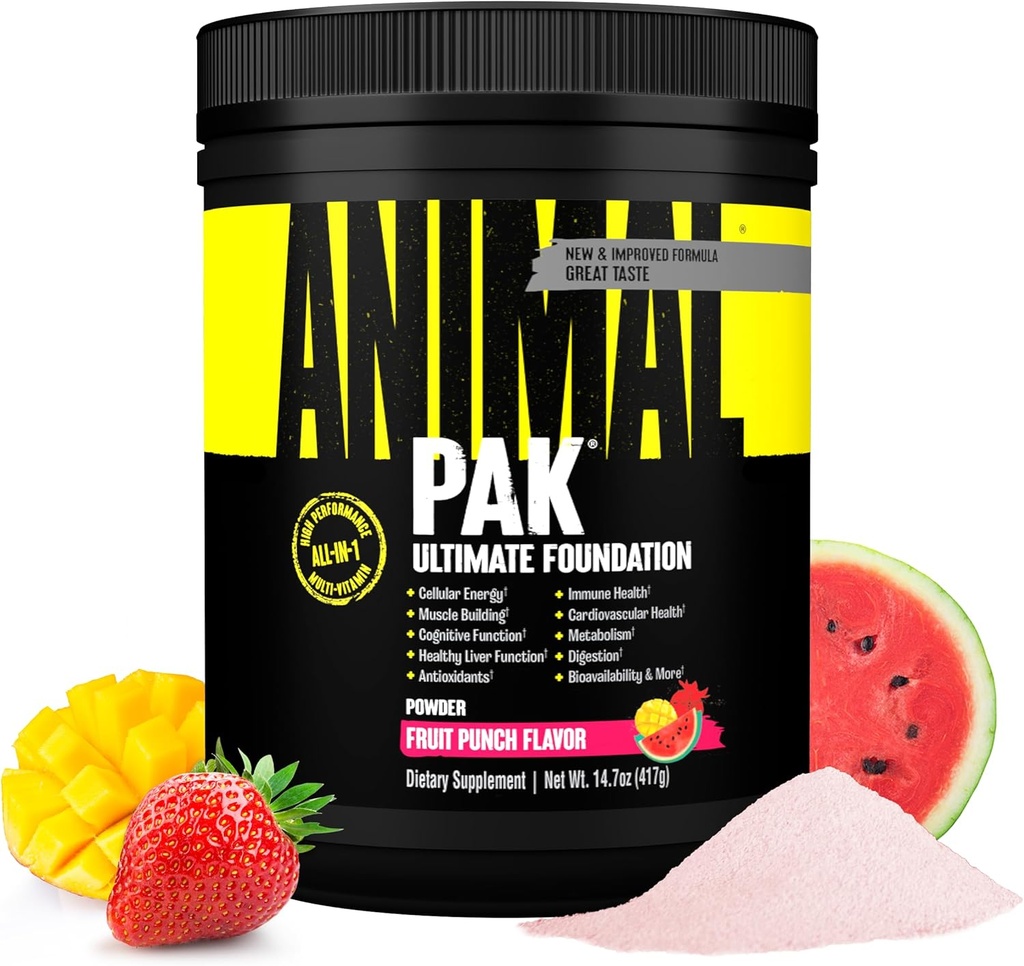 Pak animal - Poudre de vitamines et suppléments tout-en-un - Zinc, vitamines C, B, D, acides aminés, soutien immunitaire, enzymes digestives et plus - Multivitamine quotidienne pour les femmes et les hommes - 60 scoops