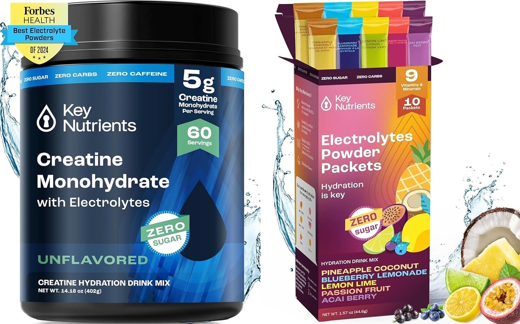 KEY NUTRIENTS Creatine Monohydrate & Packs d'hydratation Bundle – Poudre de créatine micronisée non aromatisée (60 portions) + Paquets de poudre électrolyte (10 portions) – Boost Strength, Hydratation & Recovery
