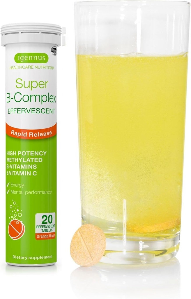 Igennus Super B-Complex liquide méthylé B-Vitamine supplément effervescent, boisson énergétique à action rapide, caféine et sans sucre, saveur orange, végétalien, 20 comprimés