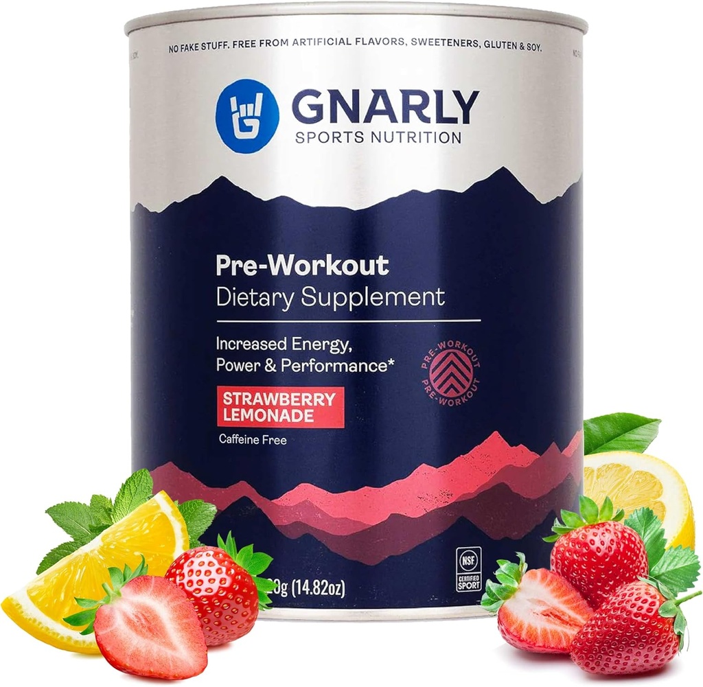 Nutrition Gnarly Poudre naturelle de pré-entraînement, citronnade de fraise – NSF Contenu certifié, endurance et récupération – Pré-entraînement végétalien, nutrition sportive – citronnade de fraise sans caféine, 14,82 oz