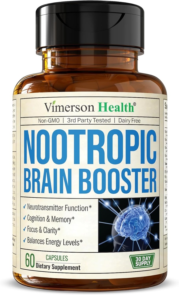 Nootropics Cerveau Support Supplément - Nootropic Cerveau Booster pour une meilleure concentration, concentration et mémoire. Cerveau Nootrope pour la santé cérébrale, l'humeur et le soutien énergétique. Non-OGM. Fabriqué aux États-Unis. 60 gélules