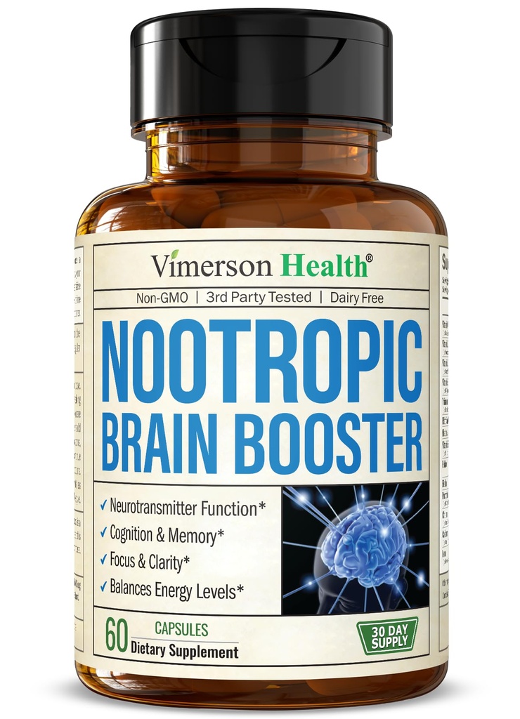 Nootropics Cerveau Support Supplément - Nootropic Cerveau Booster pour une meilleure concentration, concentration et mémoire. Cerveau Nootropique pour la santé cérébrale, l'humeur et le soutien énergétique. Non-OGM. Fabriqué aux États-Unis. 60 gélules