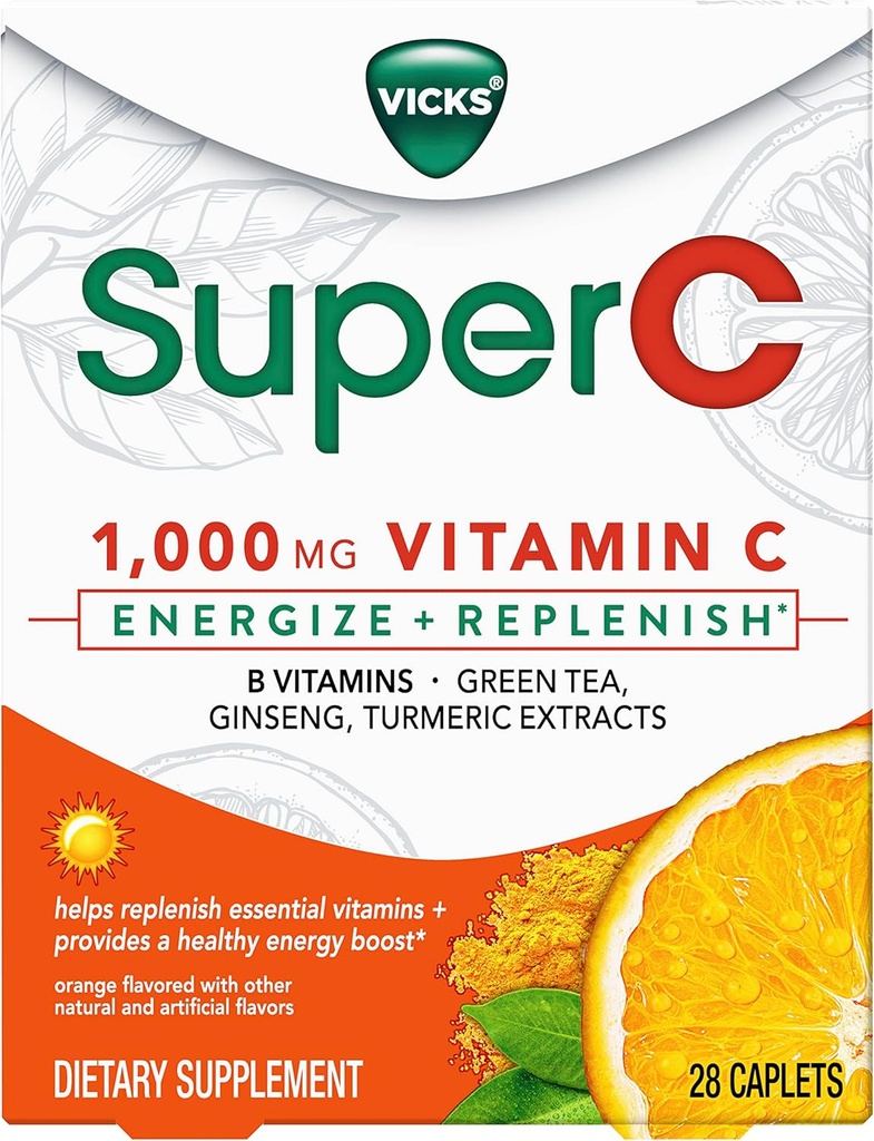 Vicks Super C Energize + Remplir le supplément alimentaire diurne avec la vitamine C, les vitamines B, le thé vert, le ginseng et les extraits curmériques pour aider à reconstituer les vitamines essentielles*, 28 Caplets