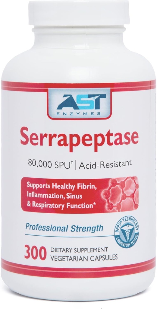 Enzymes AST Serrapeptase 80,000 SPU – 300 Capsules végétariennes - Enzymes naturels de premier ordre – Serrapeptase résistante à l'acide