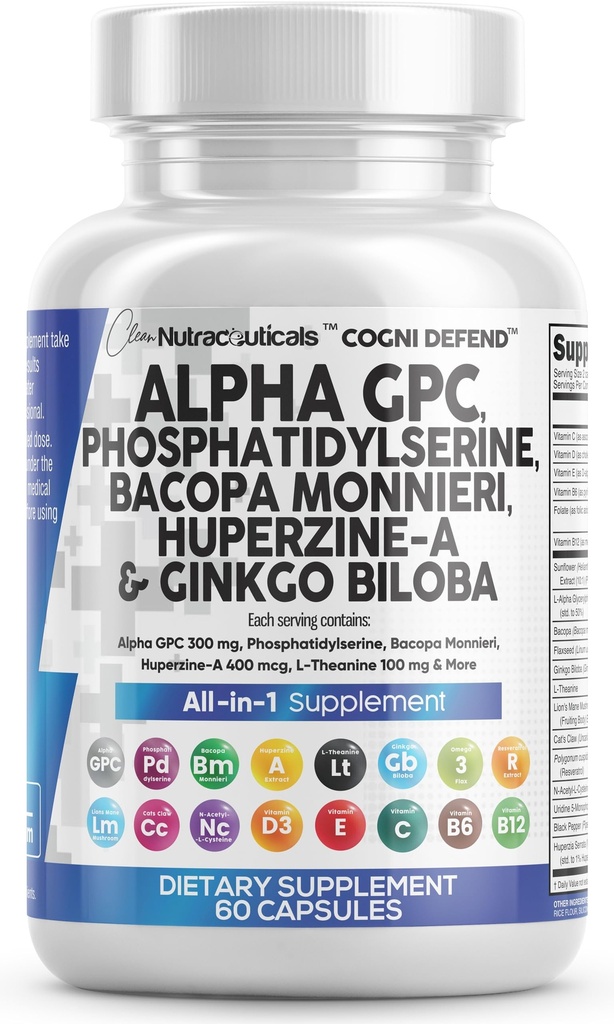 Supplément cerveau Alpha GPC 300mg Phosphatidylsérine Bacopa Monnieri Ginkgo Biloba Lions Mane Huperzine A L-Theanine NAC Mémoire Nootropique Focus Soutien cognitif Vitamines B C D E 60 Capsules USA