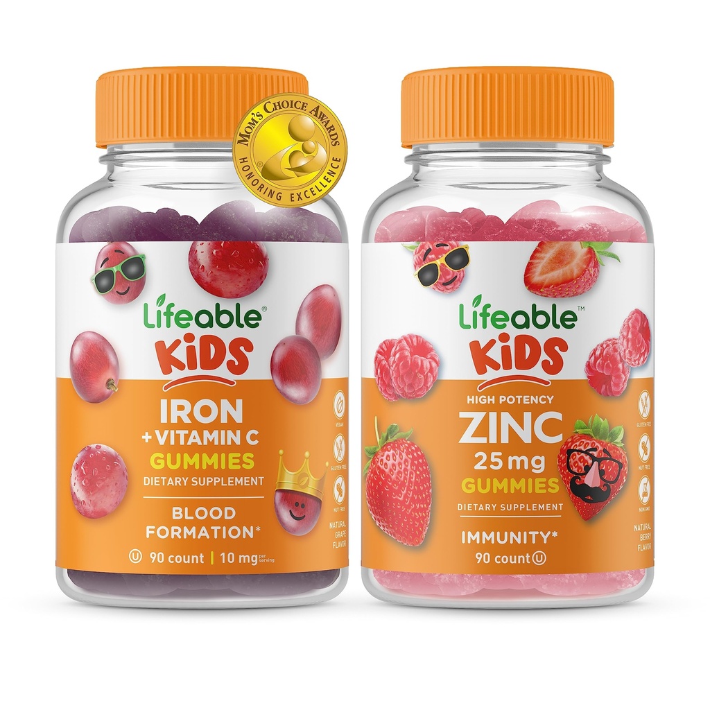 Fer et vitamine C Lifeable Enfants + Zinc 25mg Enfants, Gommies Bundle - Grande dégustation, supplément de vitamine, sans gluten, sans OGM, gommy à croquer