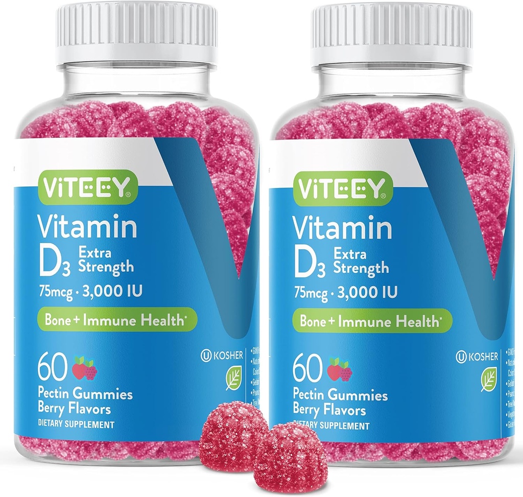 Vitamine D3 Gommies pour adultes et adolescents - 3,000 UI, 75 mcg, Extra Strength - Hygiène des articulations et des muscles, Immune Boost - Gommies de vitamine D à croquer - Végétarien, Sans gélatine - Gommy parfumé de baies savoureux