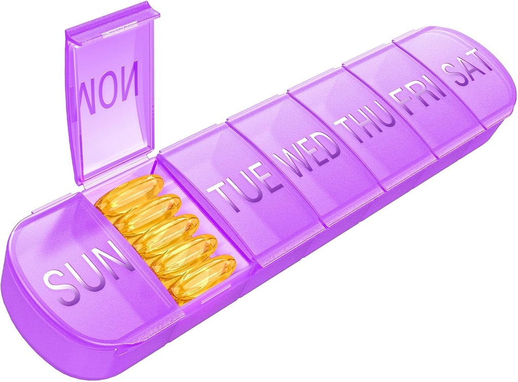 Weekly Pill Organizer 1 Time a Day, Travel Pill Box 7 Day Extra Large Compartments Vitamin Holder, Daily Pill Container 7day XL Medicine Dispenser for Fish Oil Case (Purple)