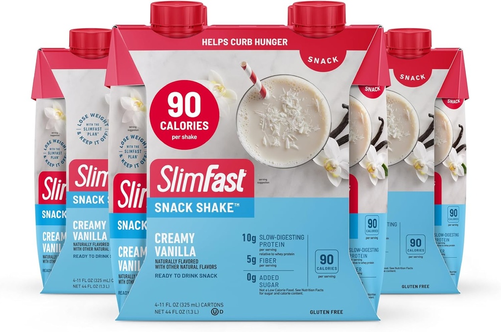 SlimFast Snack Shake, 90 Calorie Fibre Shake, Prêt à boire, Boissons protéinées, Vanille crémeuse, 12 Compte