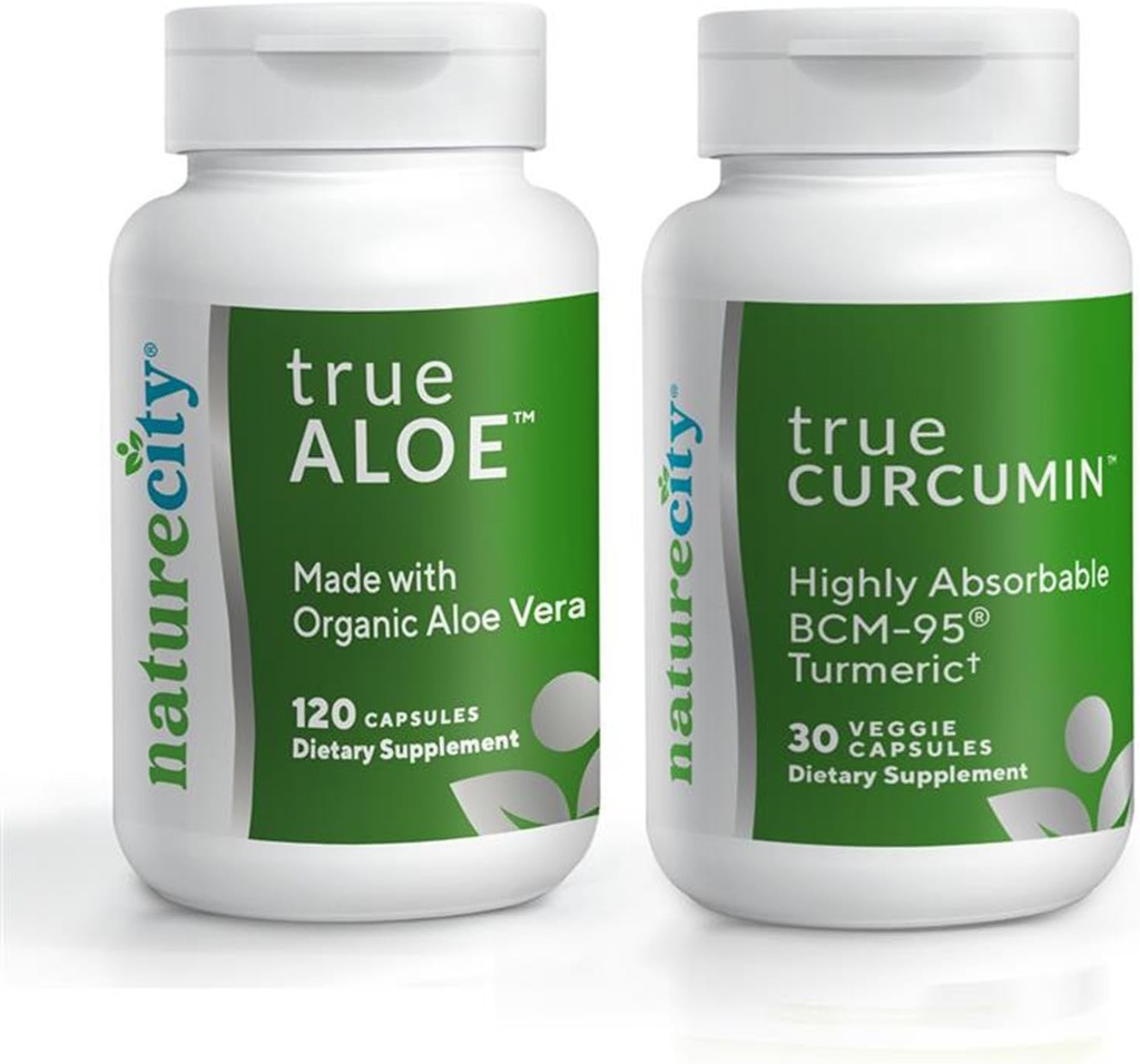 NatureCity Joint Support Bundle.Fabriqué avec AloeVera biologique, 120 Capsules + True-Curcumin avec 500mg de BCM-95 Curcumin + Huile Essentielle Turmère, 30 Capsules