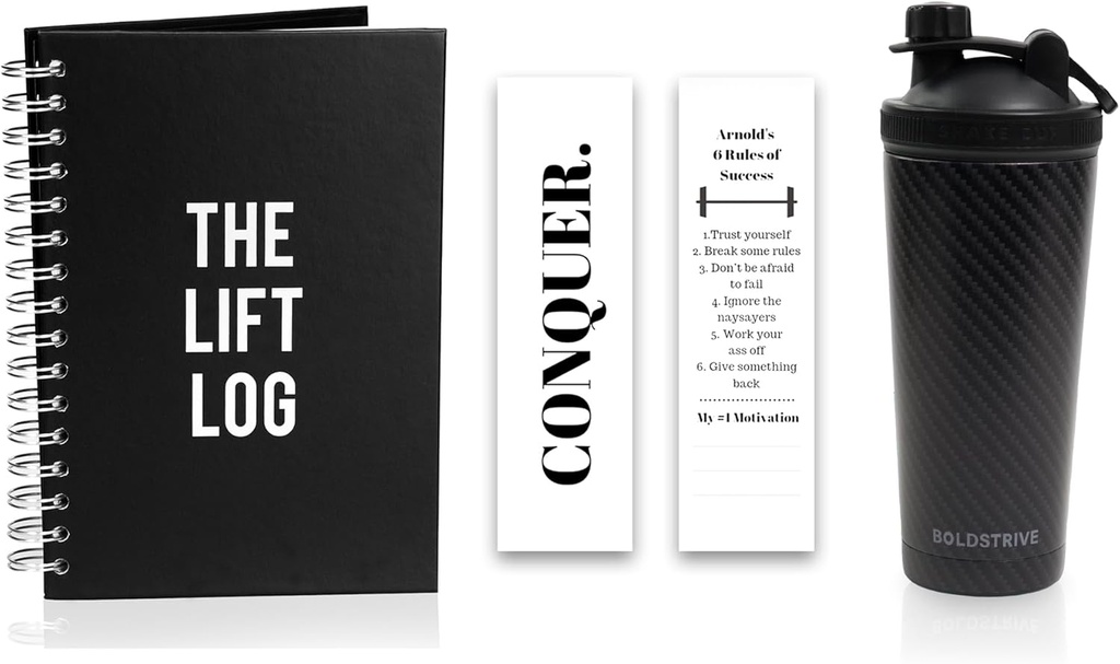 Bouteille de shaker de protéines en acier inoxydable, bouteille d'eau isolée avec fibre de carbone noir Wrap & Workout Journal avec signet – Journal de fitness quotidien sans date de 6 mois