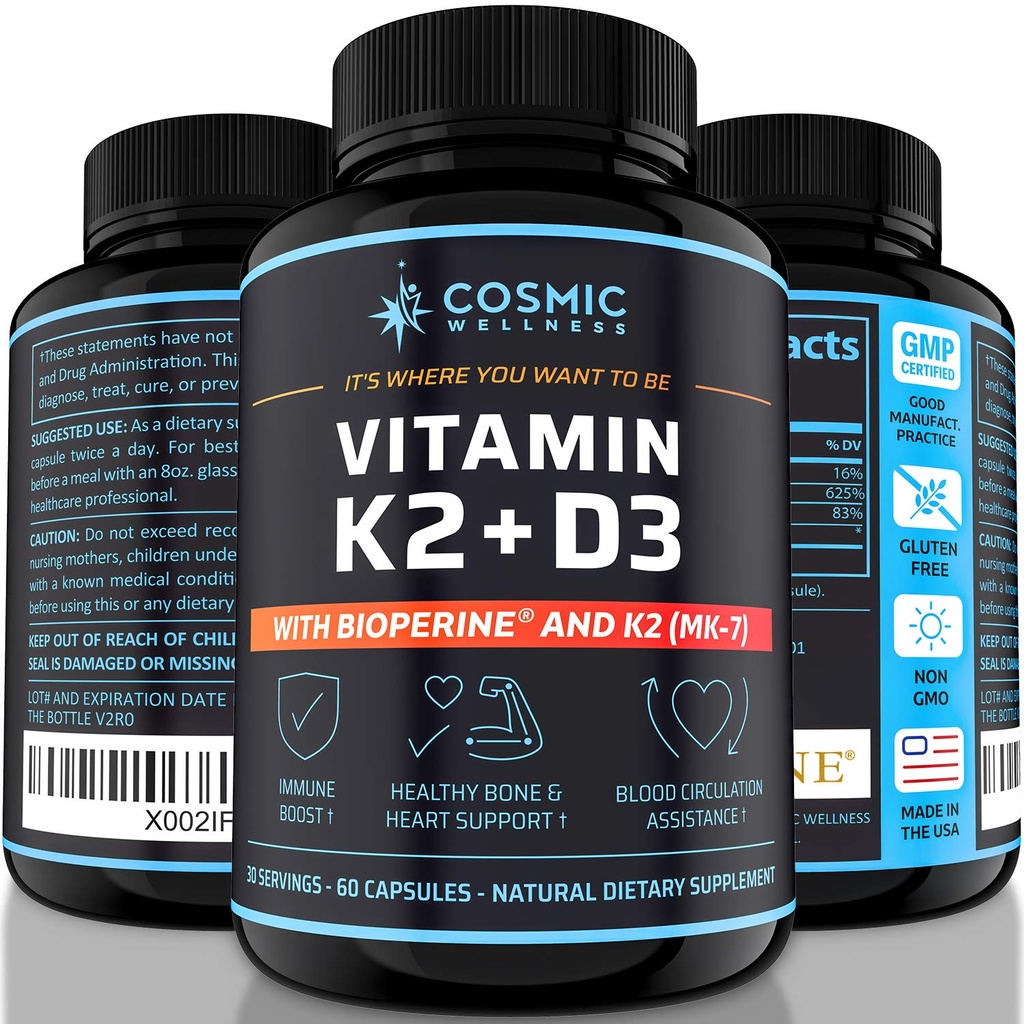 K2 D3 Supplément vitamine 5000 Iu - pour les os, le sang, le cœur et une meilleure immunité - Absorption de calcium améliorée avec la biopérine - 100% naturelle et sans allergène - Vitamine D3 K2 Mk7 5000 Iu