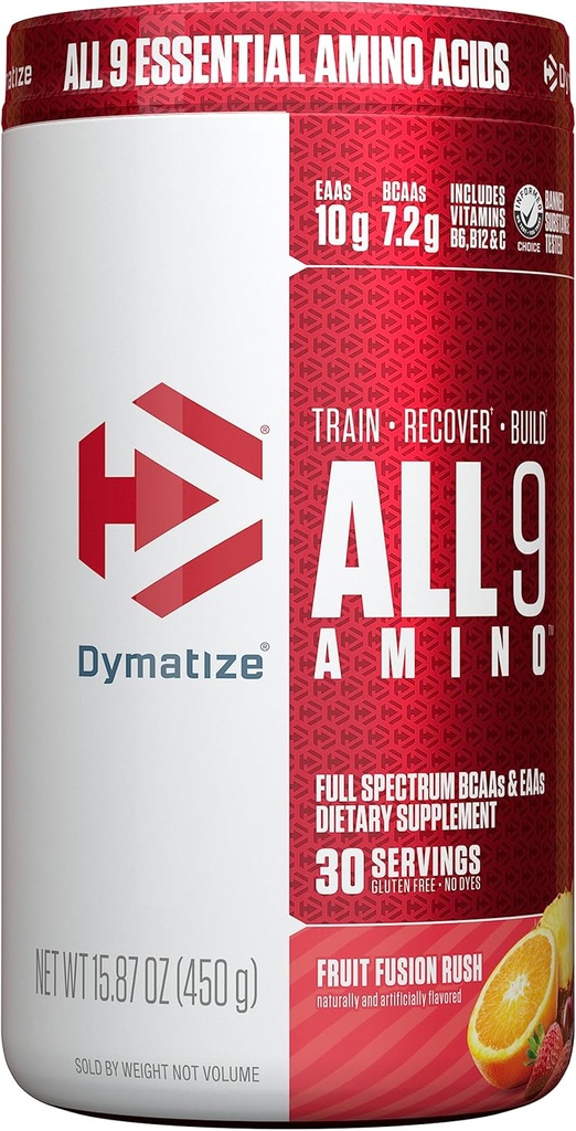 Dymatize All9 Amino, 7,2g de BCAA, 10g d'acides aminés essentiels au plein spectre par service pour la récupération et la synthèse des protéines musculaires, la fusion des fruits, 30 portions, 15.87 Ounce