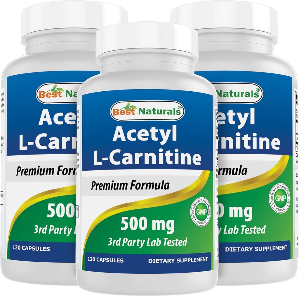 Meilleurs naturels Acétyl L-Carnitine (ALCAR) 500mg, 120 Capsules, 120 portions - Sans OGM et sans gluten, 1 gélule par portion (3emballage)