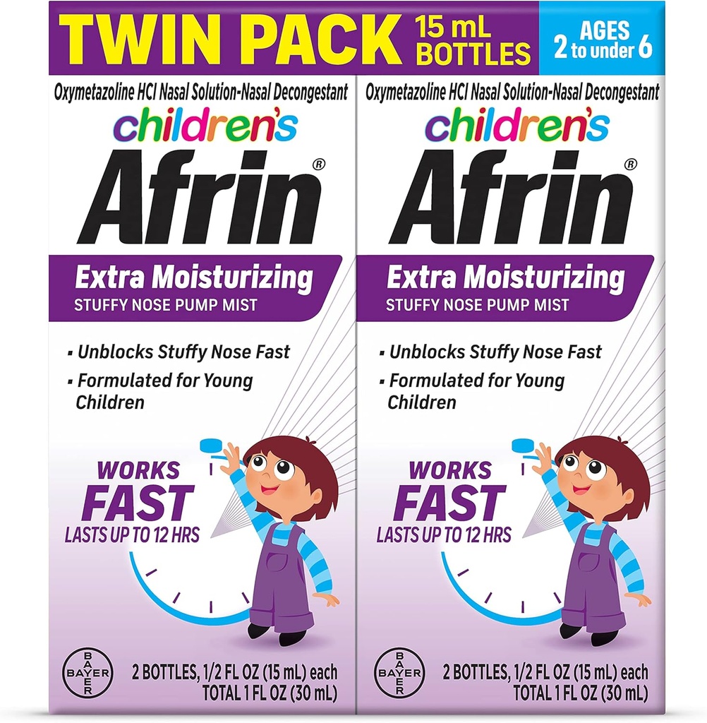 Afrin Children's Extra Moisturizing Nasal Mist, Non-Drowsy, Fast-Acting Decongestant for up to 12 Hour Stuffy Nose Relief, Children Ages 2 to 6, .5 fl oz (Pack of 2)