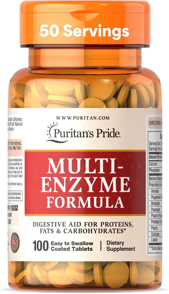 Formule multienzymes de la fierté de Puritan, aide digestive pour les protéines, les graisses et les glucides, supplément diététique pour la digestion et le soutien sain de la gueule, 50 jours d'approvisionnement, 100 comprimés enrobés faciles à avaler