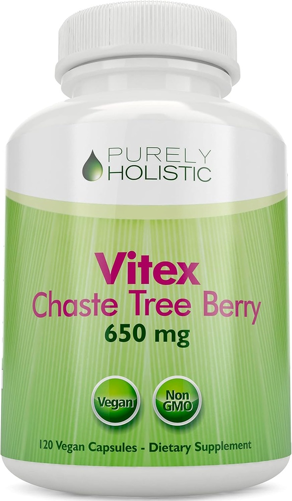 Purely Holistic Chasteberry Vitex Supplément 650mg - 4 mois d'approvisionnement 120 Capsules Vegan Agnus-Castus Chaste Tree Berry Capsules soutient l'équilibre hormonal normal pour les femmes