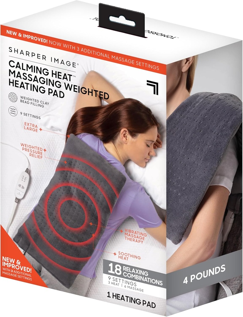 Calmant Heat Massage Plaque chauffante pondérée par Sharper Image- Plaque chauffante électrique pondérée avec vibrations de Massage, 9 Paramètres- 3 Chaleur, 6 Massage- 18 Combinaisons relaxantes, 12:00 x 24:00, 4 lbs