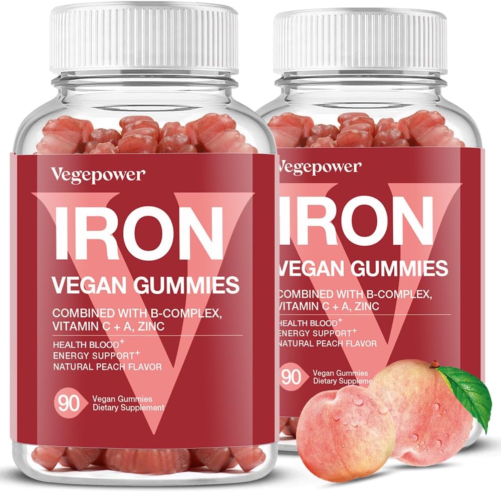 Supplément de gommies de fer végétalien - Supplément multivitamine avec vitamine C, A, B & Zinc - Santé sang et énergie pour le déficit en fer, l'anémie, non après le goût - Peach Flavor(2 paquets)