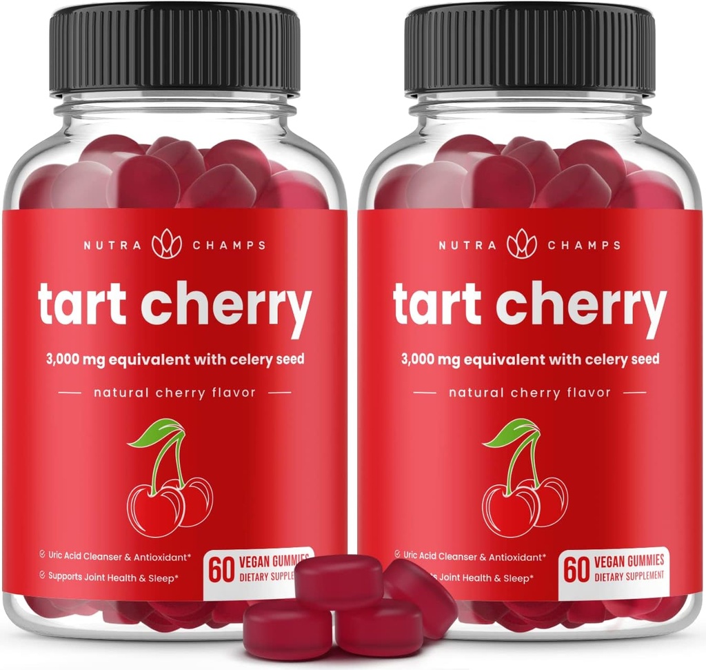 NutraChamps Tart Cherry Gummies - 3000mg Tart Cherry Extract with Celery Seed - Uric Acid Cleanse Supplement - Antioxidant, Joint Comfort, Flexibility, Immune Health, Sleep - 60 Vegan Gummies (2-Pack)