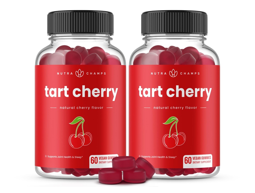NutraChamps Tart Gommies de cerise - 3000mg Extrait de cerise de cerise avec graines de céleri - Supplément de nettoyage de l'acide Urique - Antioxydant, confort articulaire, flexibilité, santé immunitaire, sommeil - 60 Gommies végétaliens (2-pack)