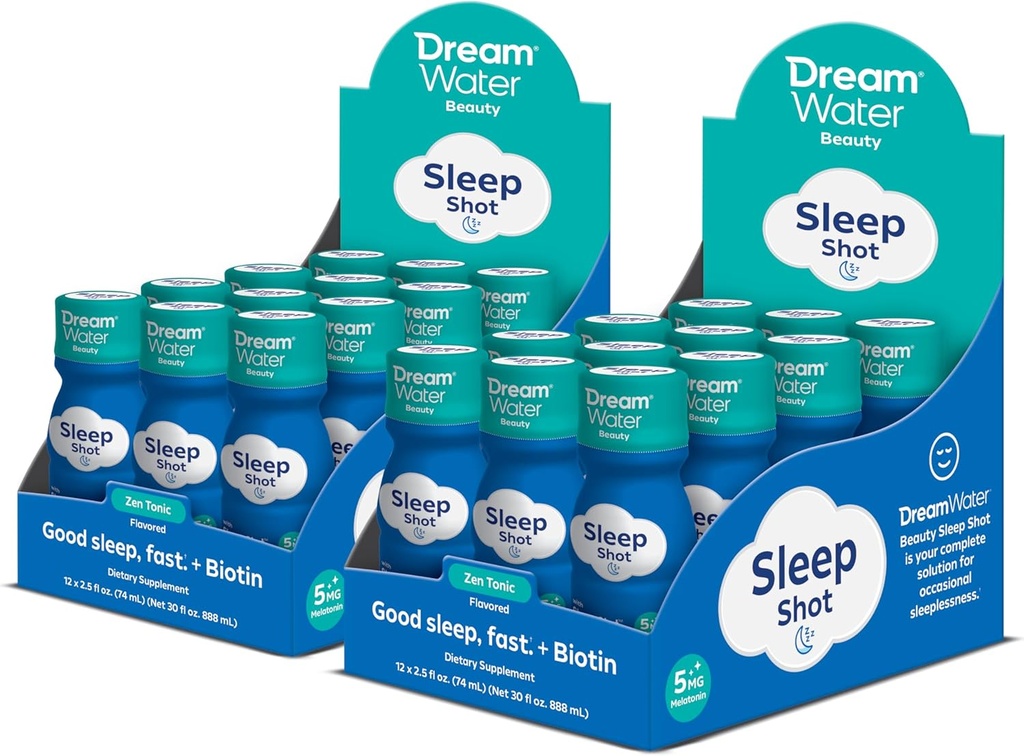 Dream Water Beauty Sleep Aid Drink Supplement; Melatonin 5mg, GABA, 5-HTP, Plus Biotine pour la peau, les cheveux et les ongles sains; 2,5 oz liquides sleep Shots, Zen Tonic 24 Count
