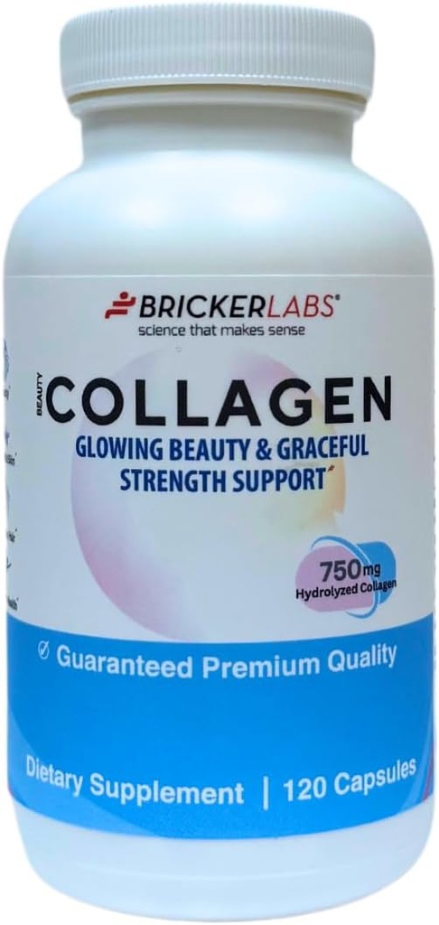 Bricker Labs Collagen pour hommes et femmes - Supplément de collagène hydrolisé de type I, III 750mg, 1 gélule de collagène par jour - 120 portions