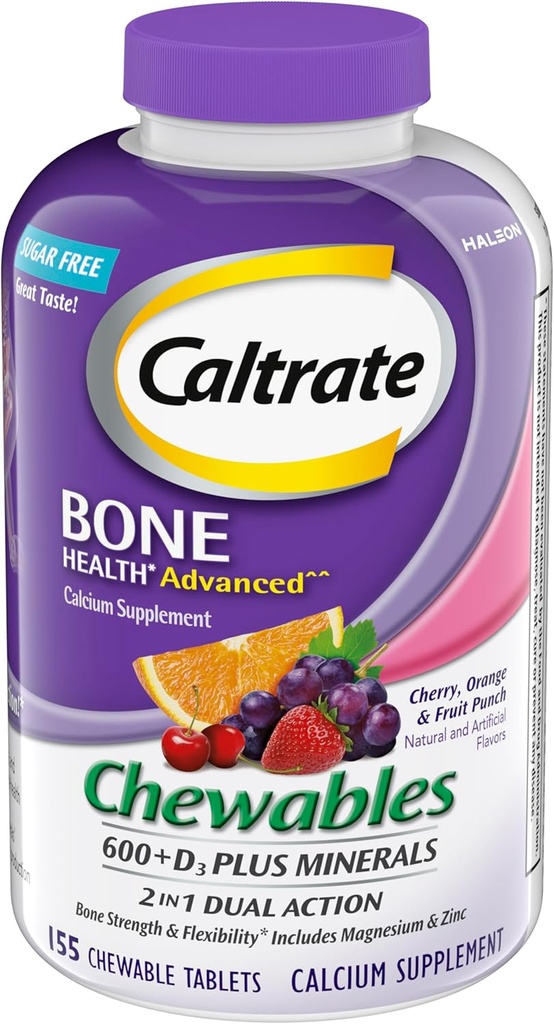 Caltrate Chewables 600 +D3 Plus Minerals Calcium and Vitamin D, Sugar Free, Cherry, Orange and Fruit Punch, 155 count