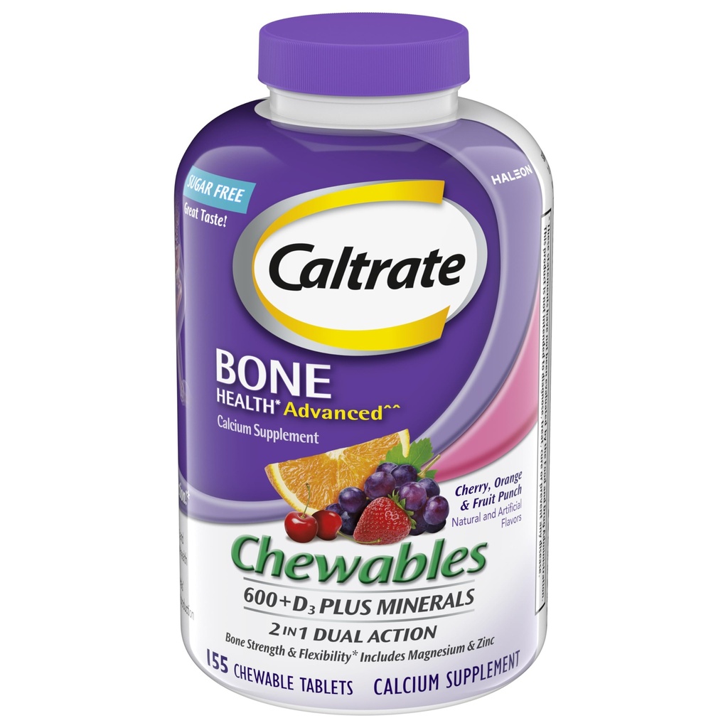 Caltrates à croquer 600 +D3 Plus Minéraux Calcium et vitamine D, sans sucre, cerise, orange et punch de fruits, 155 nombre