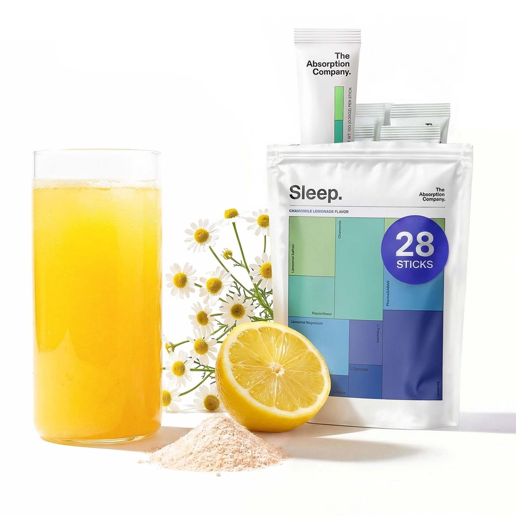 Poudre d'aide au sommeil - boisson calmante pour un sommeil profond avec safran liposomique, magnésium et PharmaGABA supplément naturel sans mélatonine pour réduire le stress et améliorer la qualité du sommeil Camomile Lemonade 28 bâtons