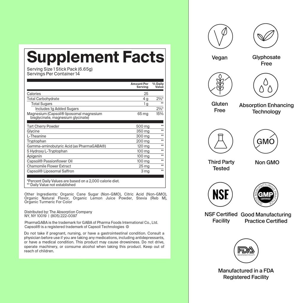 Poudre d'aide au sommeil - boisson calmante pour un sommeil profond avec safran liposomique, magnésium et PharmaGABA supplément naturel sans mélatonine pour réduire le stress et améliorer la qualité du sommeil Camomile Lemonade 28 bâtons
