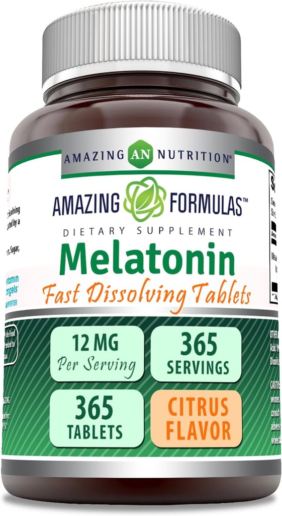 Formules étonnantes Melatonin Supplément à dissolution rapide de Citrus Flavor de 12 Mg par service de 365 comprimés non-OGM de Gluten Free Fabriqué aux États-Unis